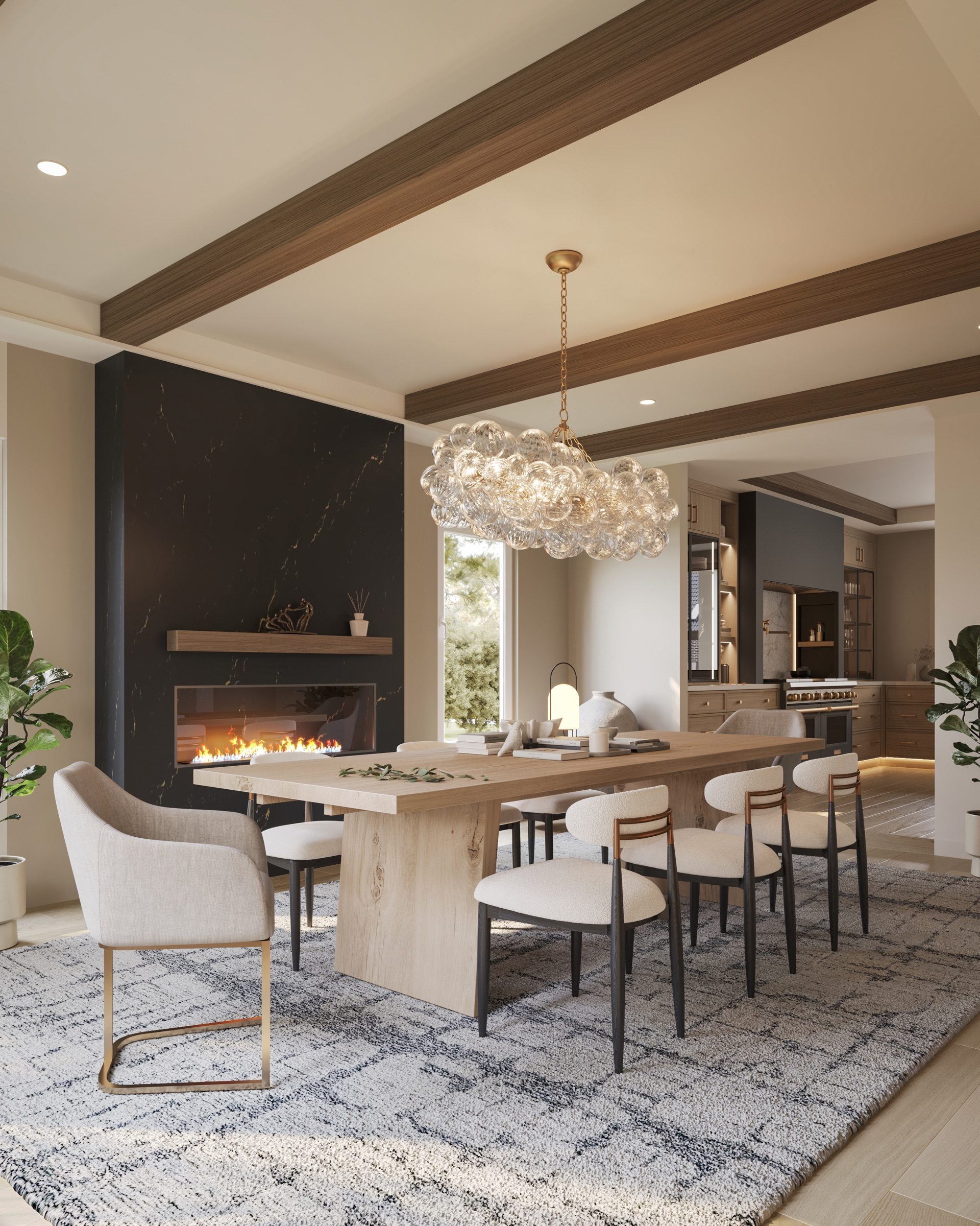 Render, Dining room with bubble chandelier — render vs built
